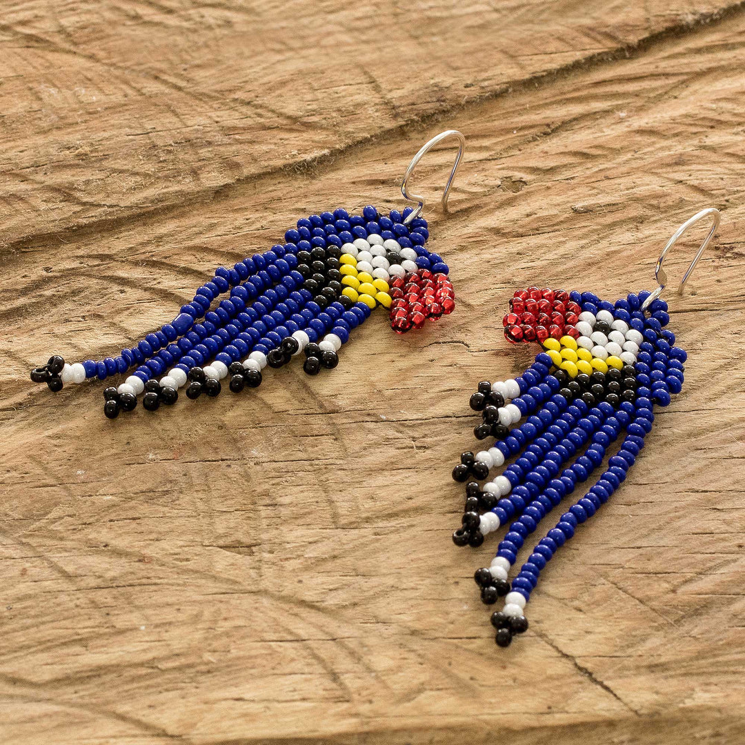 Cute Glass Beaded Waterfall Earrings - Macaws in Blue