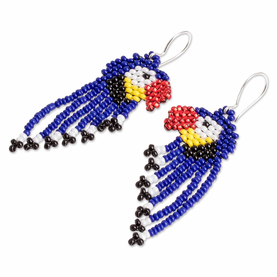Cute Glass Beaded Waterfall Earrings - Macaws in Blue