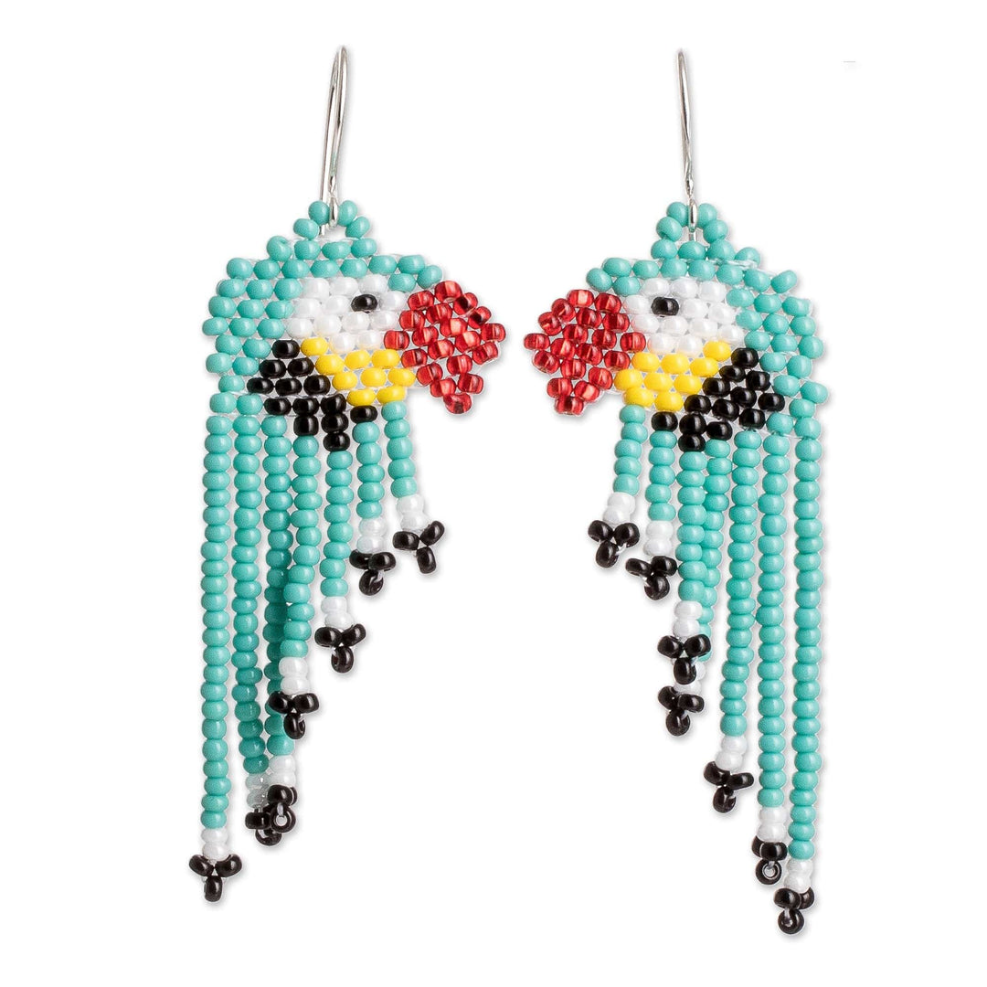 Parrot-Themed Glass Beaded Waterfall Earrings - Macaws in Aqua