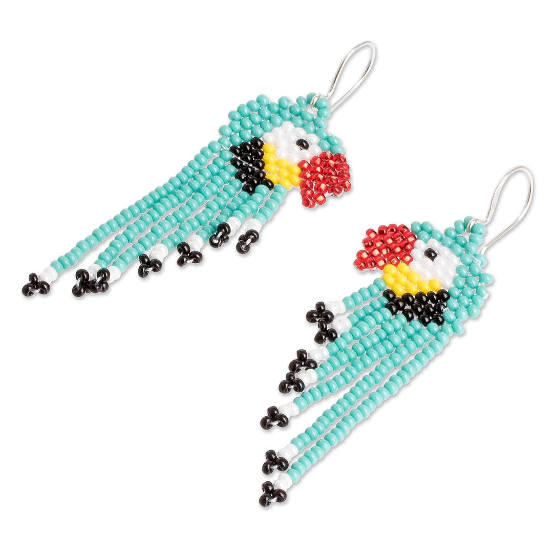 Parrot-Themed Glass Beaded Waterfall Earrings - Macaws in Aqua