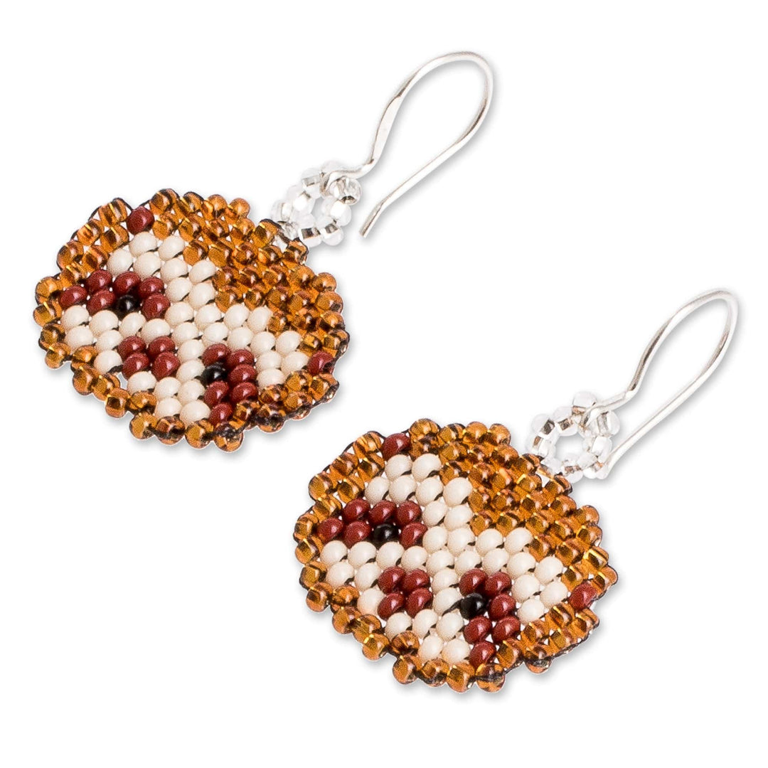 Guatemalan Animal-Themed Glass Beaded Dangle Earrings - Tan Sloth