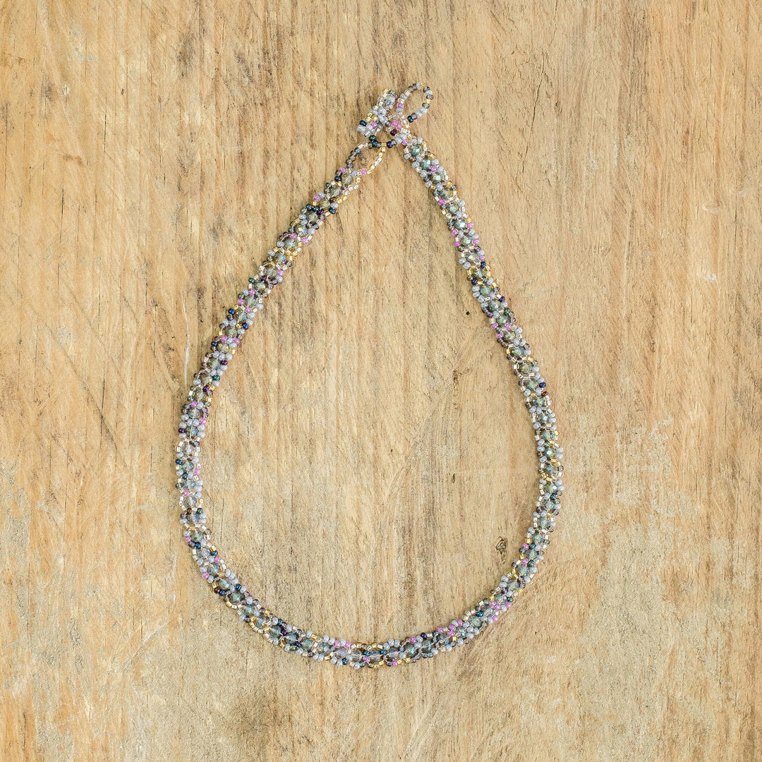 Handmade Glass and Crystal Beaded Necklace in Grey - Serene Morning