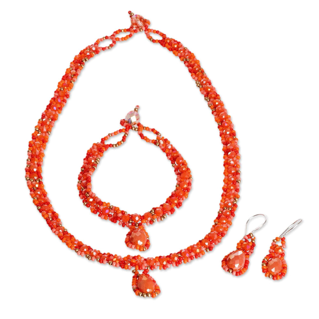 Beaded Pendant Necklace Earrings and Bracelet Jewelry Set - Finesse in Orange