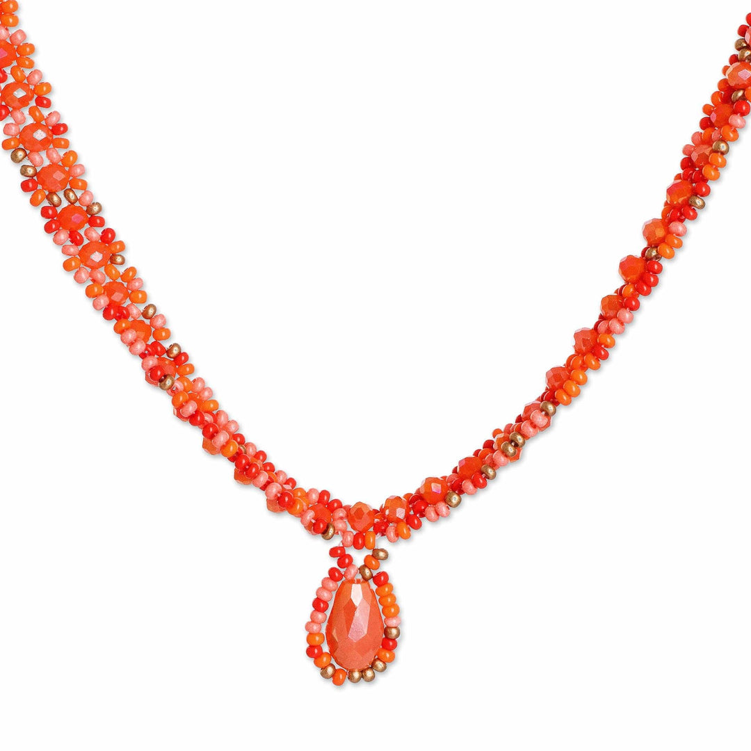 Beaded Pendant Necklace Earrings and Bracelet Jewelry Set - Finesse in Orange