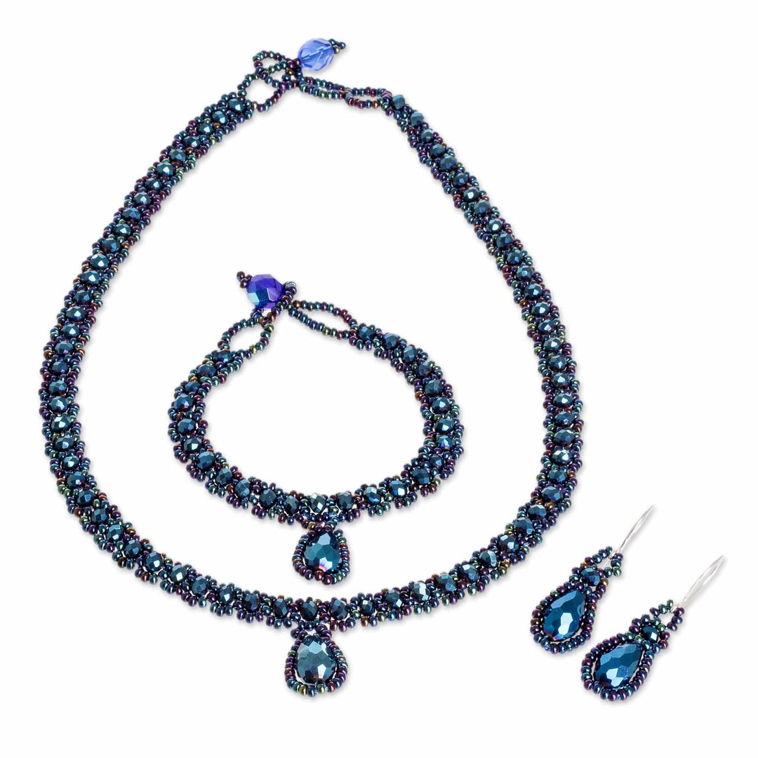 Beaded Pendant Necklace Earrings and Bracelet Jewelry Set - Finesse in Blue