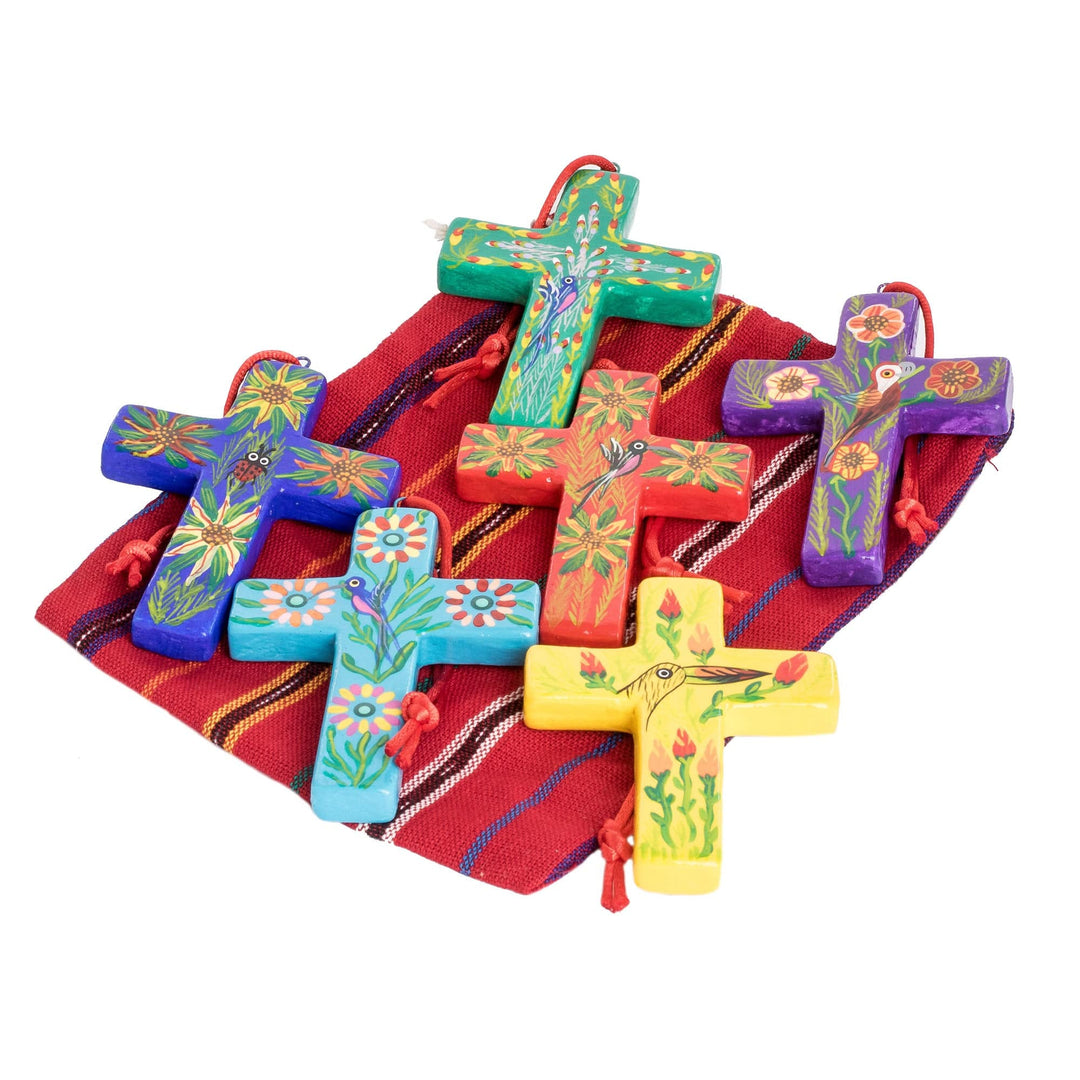 Handmade Ceramic Cross Christmas Ornaments Set of 6 - Floral Crosses