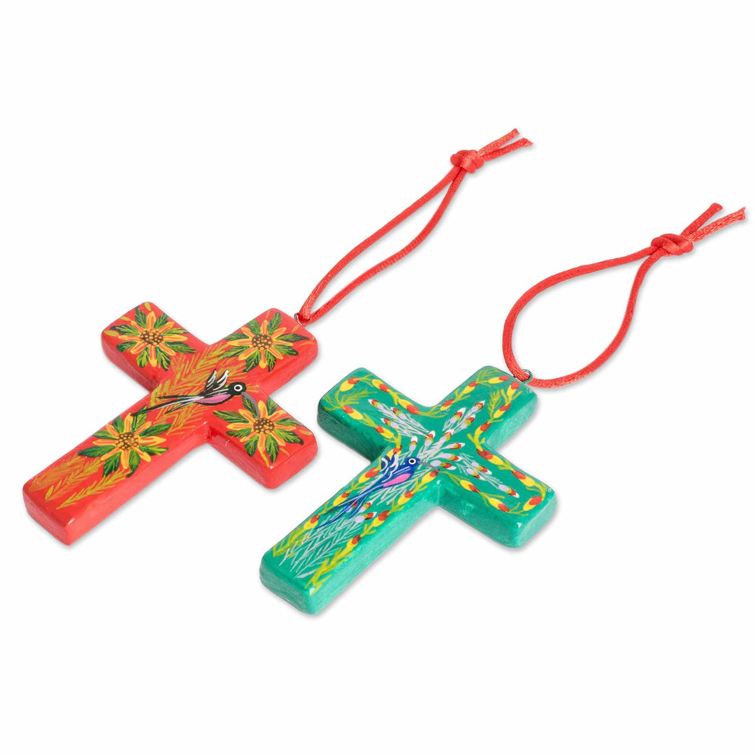 Handmade Ceramic Cross Christmas Ornaments Set of 6 - Floral Crosses