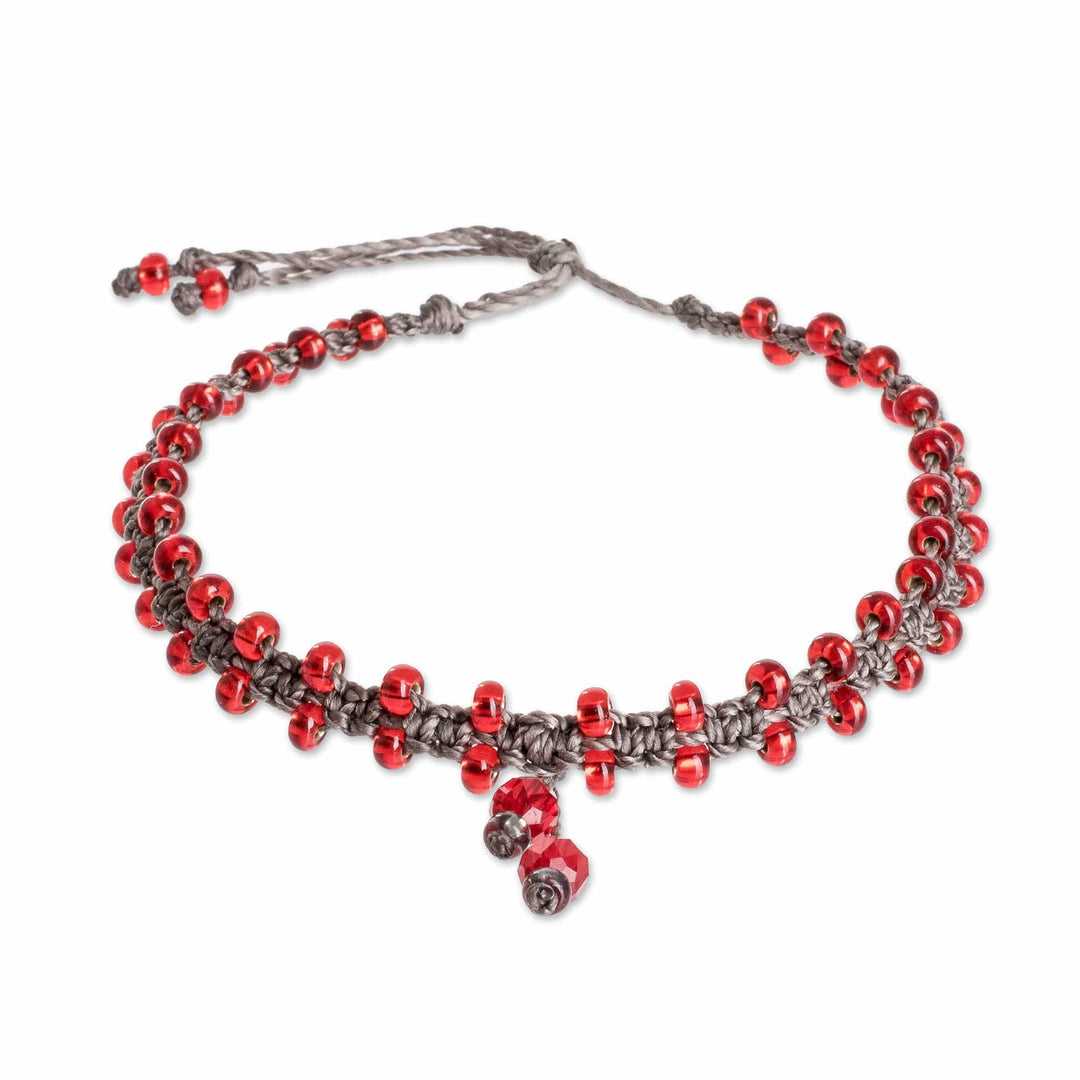Red Beaded Macrame Anklet - Passionate Enchantment