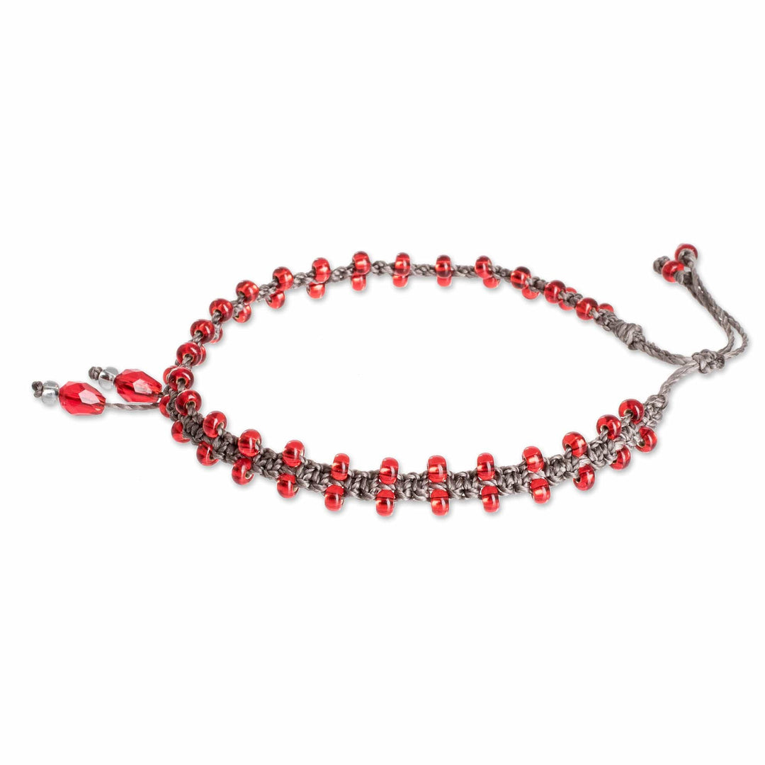 Red Beaded Macrame Anklet - Passionate Enchantment