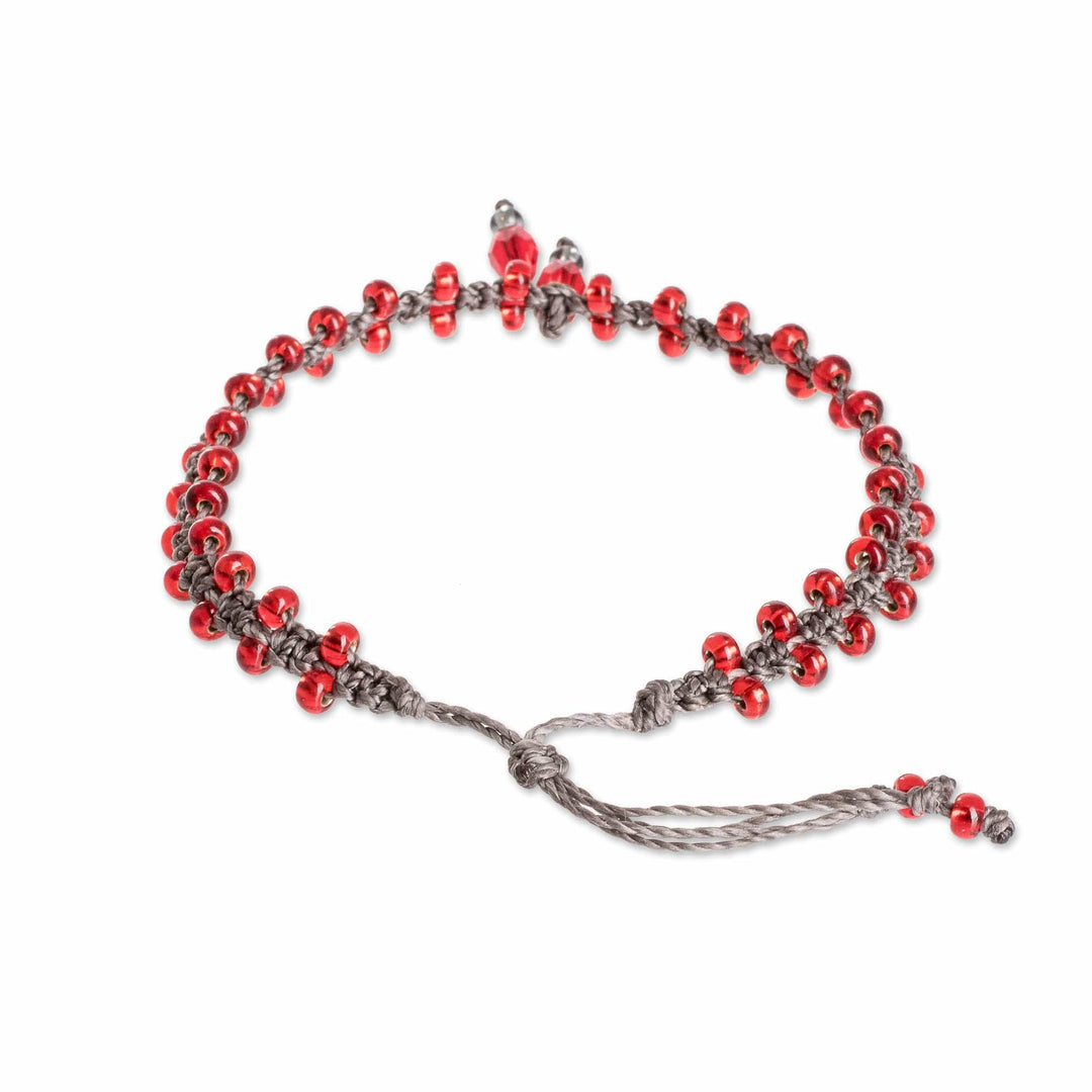 Red Beaded Macrame Anklet - Passionate Enchantment