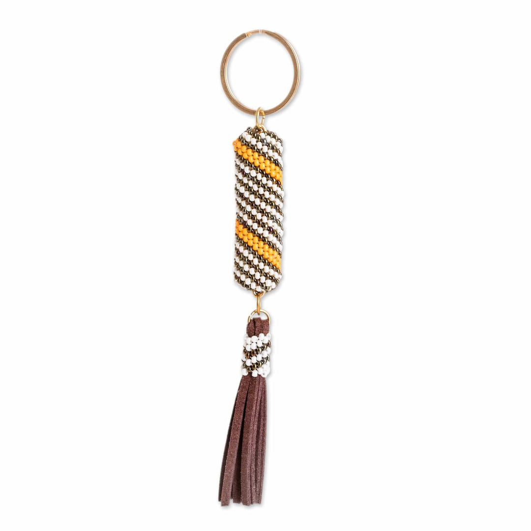 Beaded Leather Keychain and Bag Charm Handmade in Guatemala - Bright Light