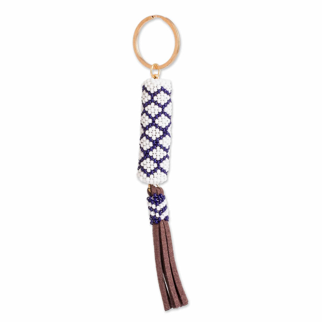 Beaded Leather Keychain and Bag Charm Handmade in Guatemala - Diamond White