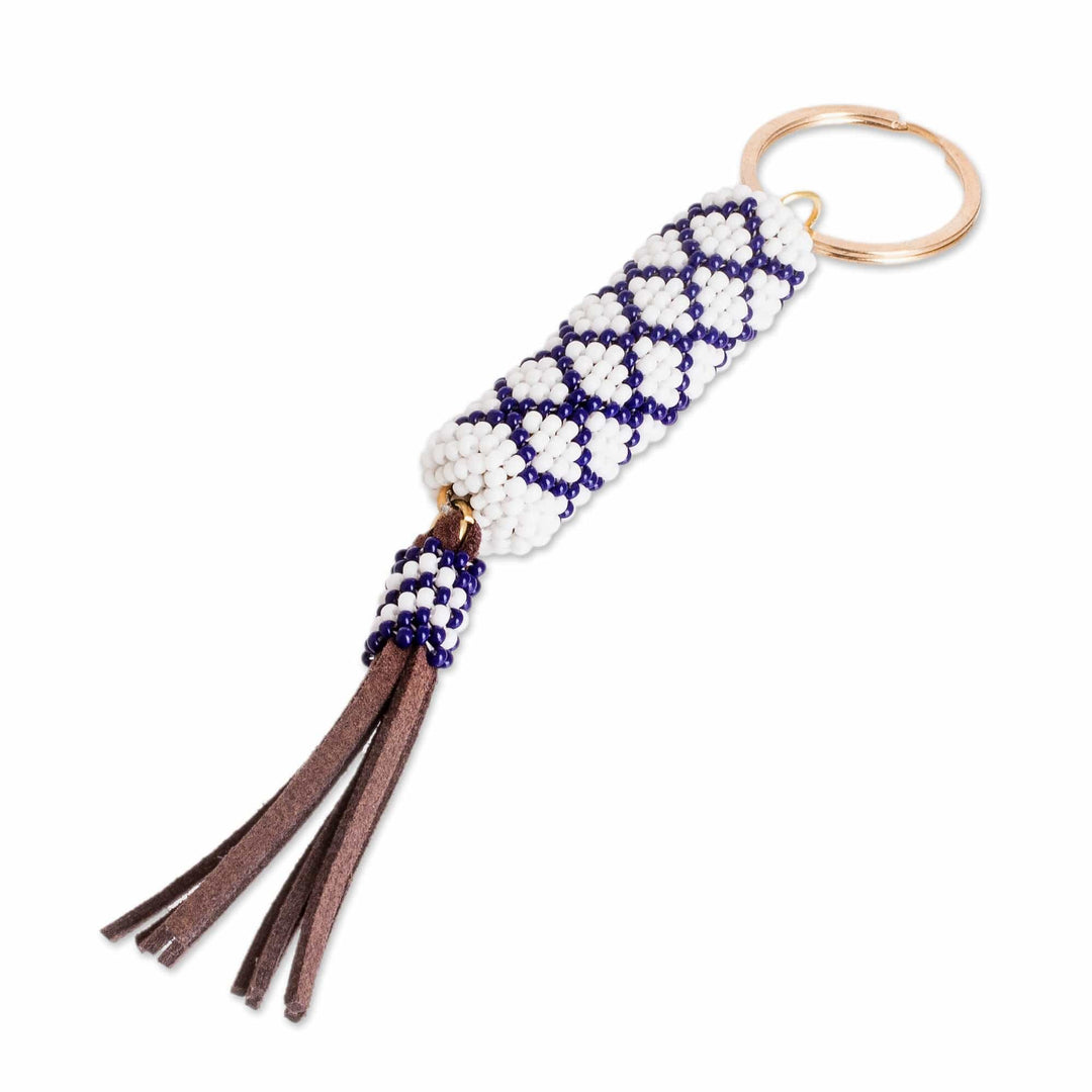 Beaded Leather Keychain and Bag Charm Handmade in Guatemala - Diamond White