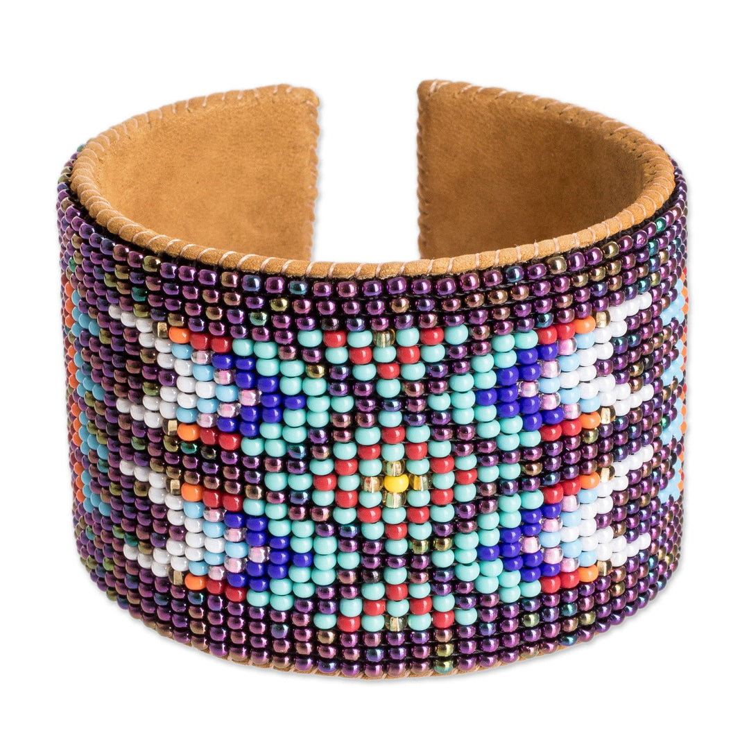 Beaded Leather and Suede Cuff Bracelet - Ancestral Patterns