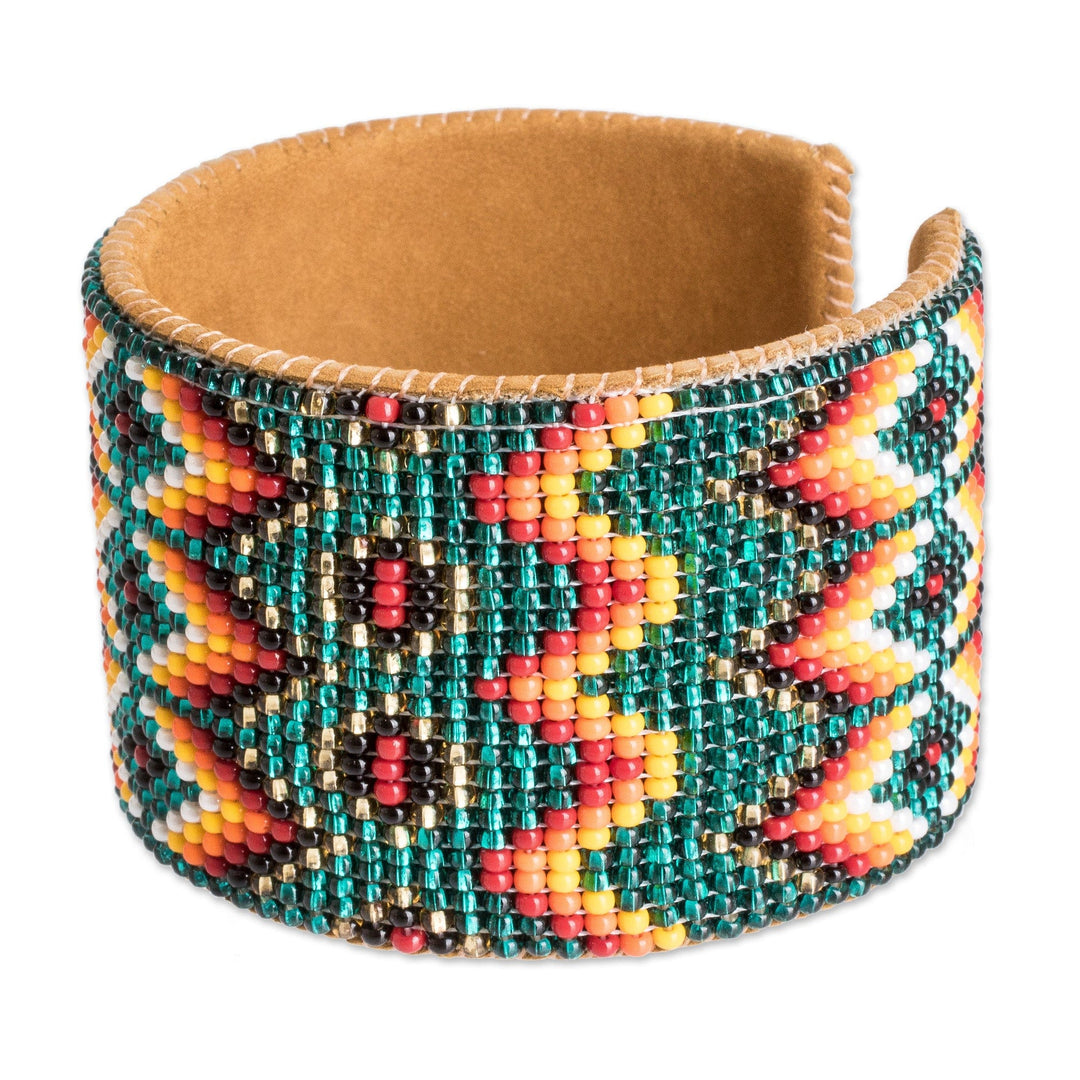 Beaded Leather and Suede Cuff Bracelet Handmade in Guatemala - Geometric Diversity