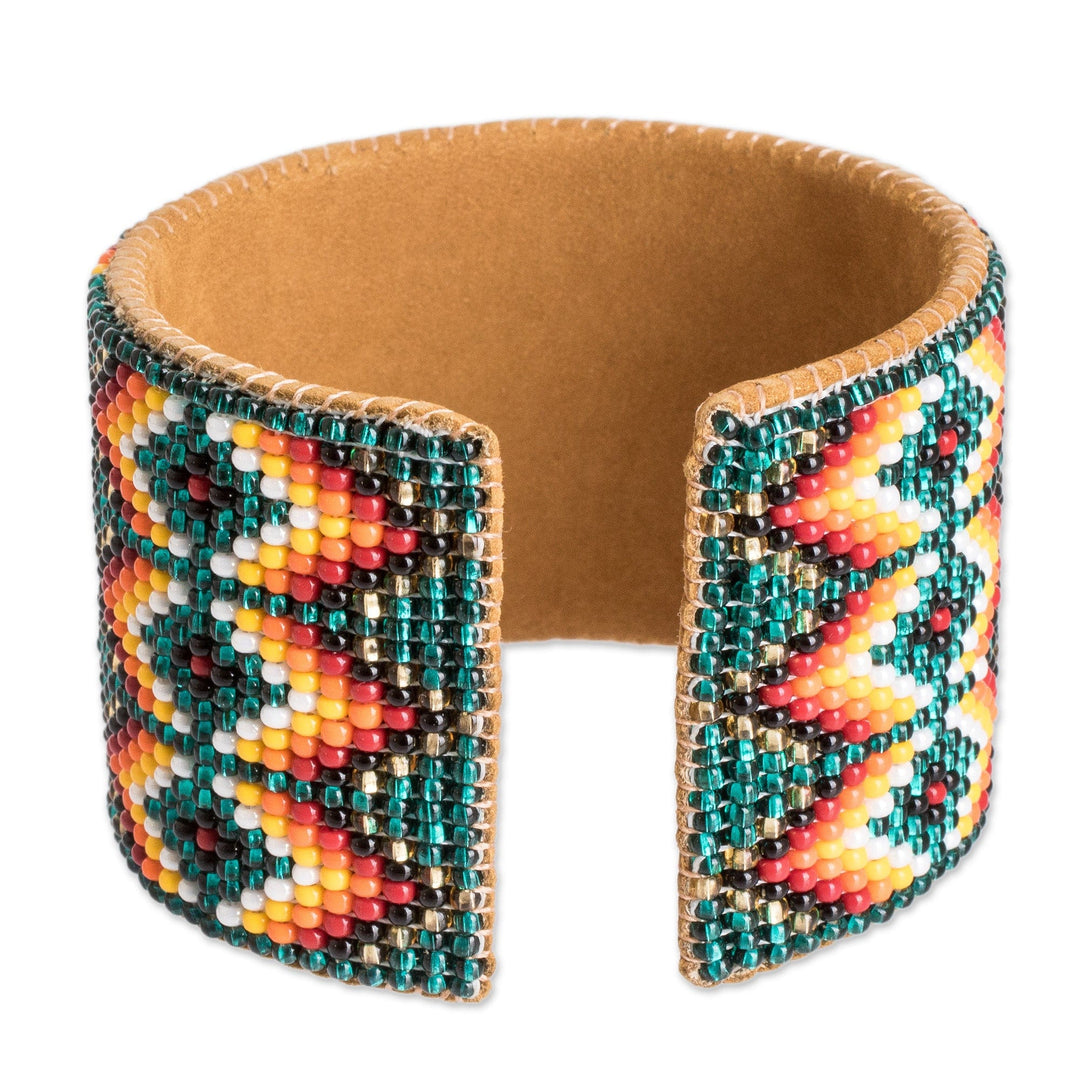 Beaded Leather and Suede Cuff Bracelet Handmade in Guatemala - Geometric Diversity