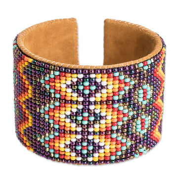 Beaded Leather and Suede Cuff Bracelet Handmade in Guatemala - Geometric Diversity in Purple