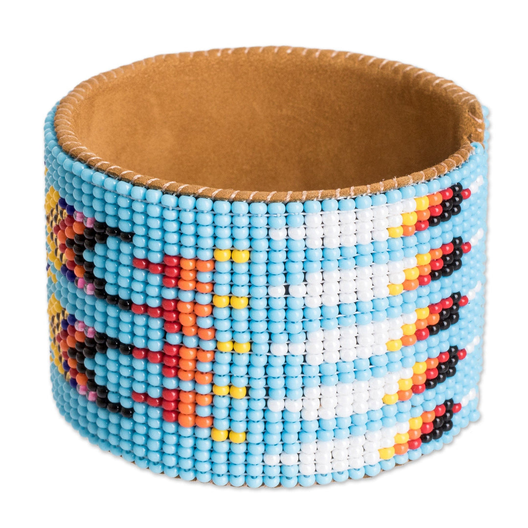 Beaded Leather and Suede Cuff Bracelet Handmade in Guatemala - Native Designs in Light Blue