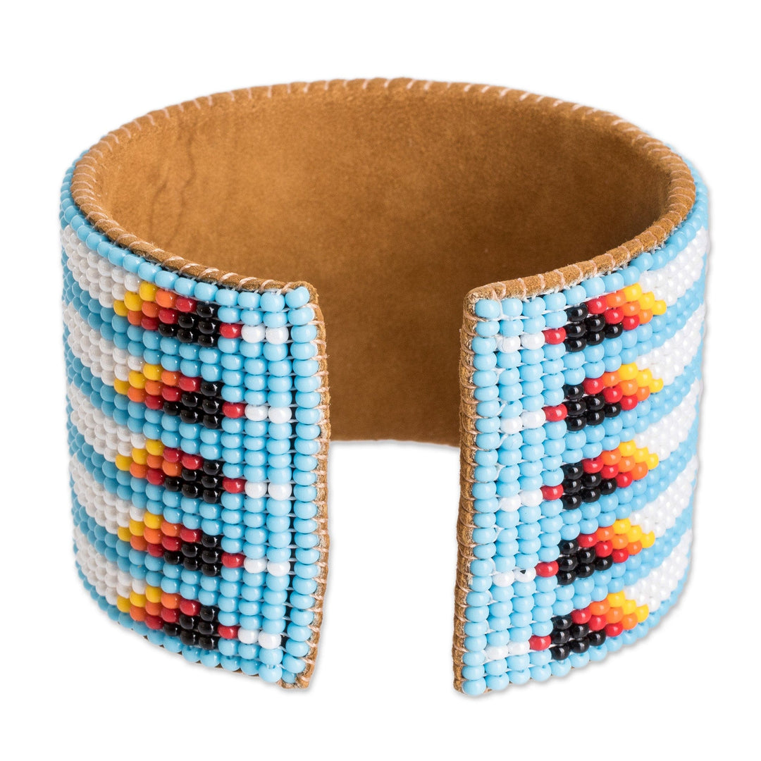 Beaded Leather and Suede Cuff Bracelet Handmade in Guatemala - Native Designs in Light Blue