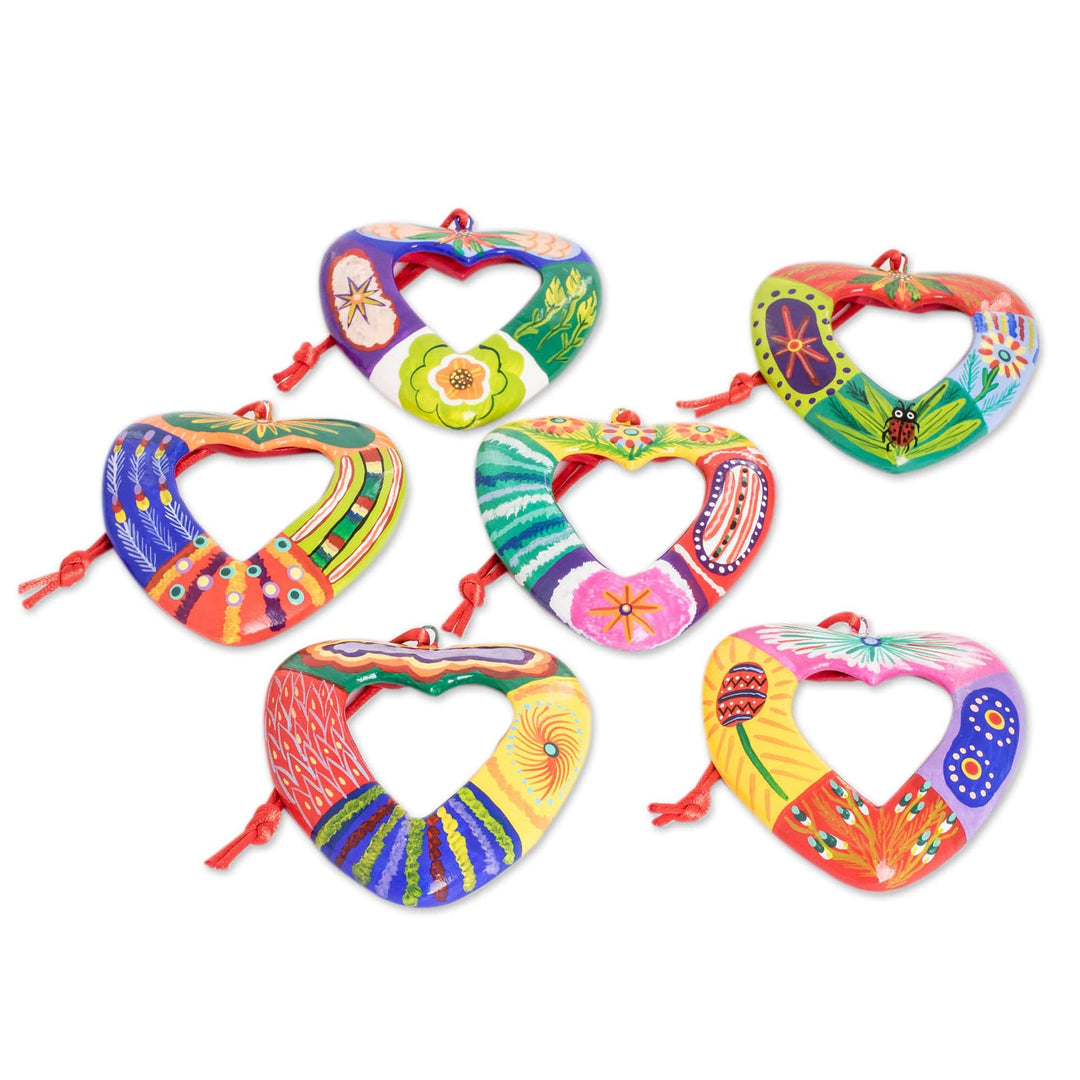 Set of 6 Handmade Ceramic Heart Ornaments in Colorful Tones - Flora and Fauna Heart
