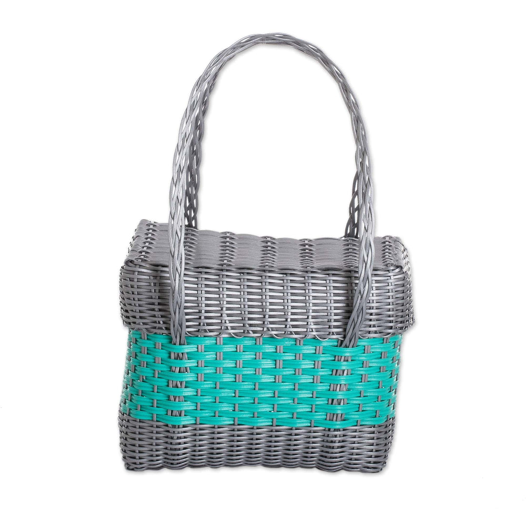 Guatemalan Handwoven Basket in Turquoise and Grey - Turquoise Field