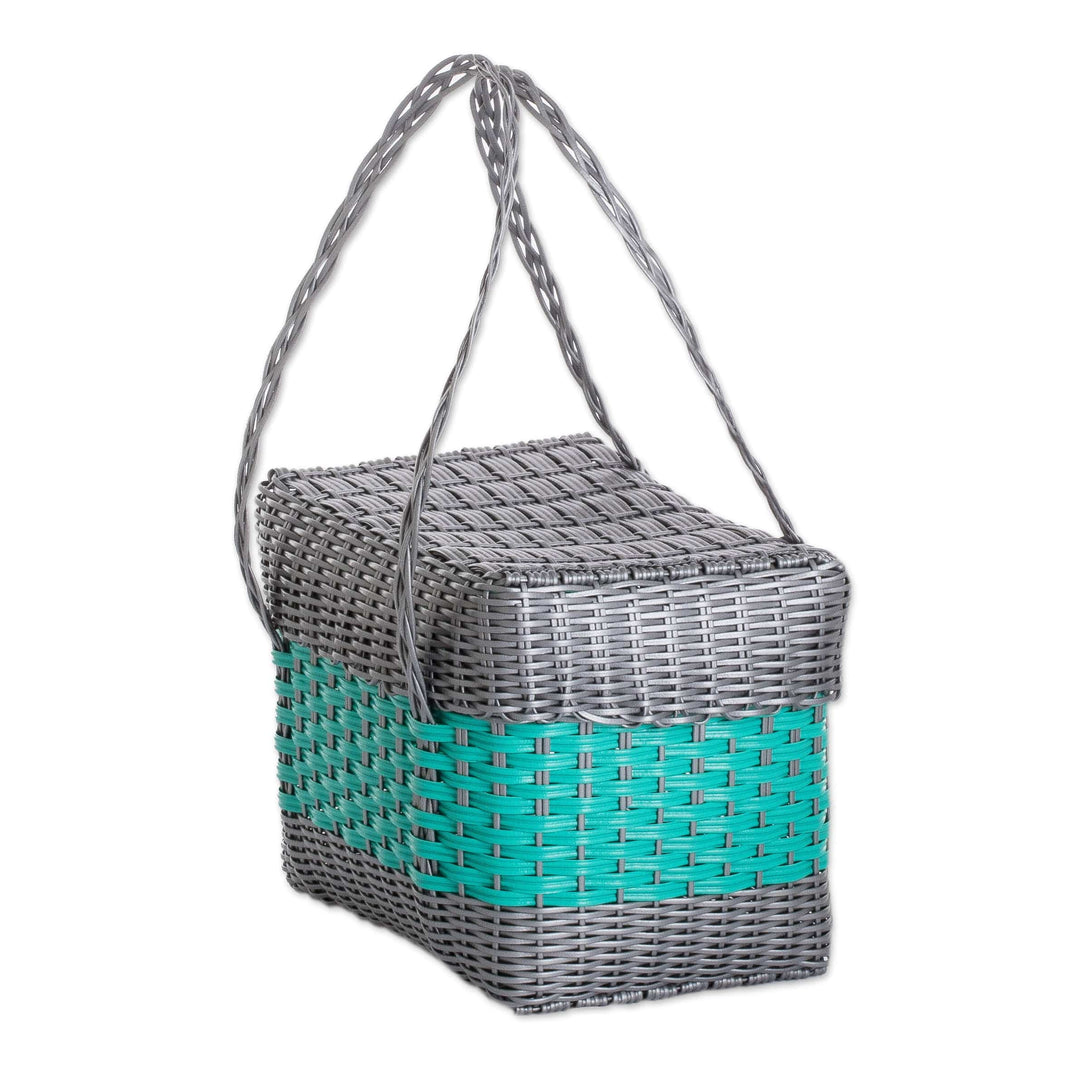 Guatemalan Handwoven Basket in Turquoise and Grey - Turquoise Field