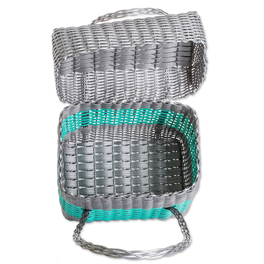 Guatemalan Handwoven Basket in Turquoise and Grey - Turquoise Field