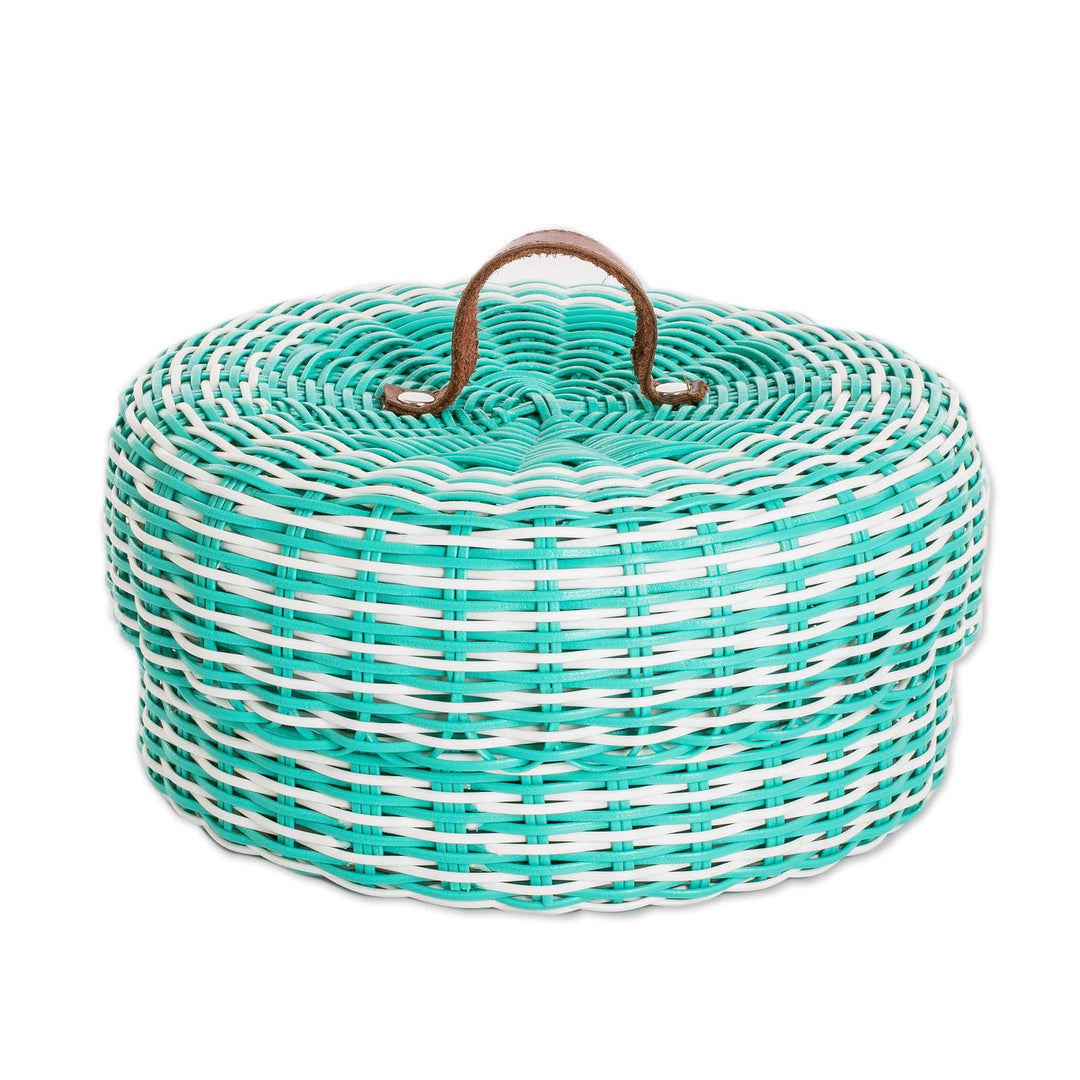Eco-Friendly Turquoise Basket with Leather Handle - Turquoise Harmony