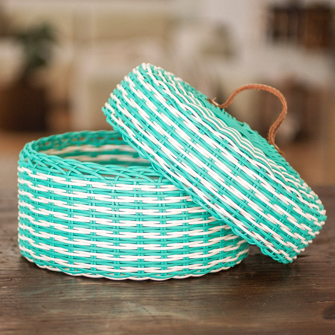 Eco-Friendly Turquoise Basket with Leather Handle - Turquoise Harmony