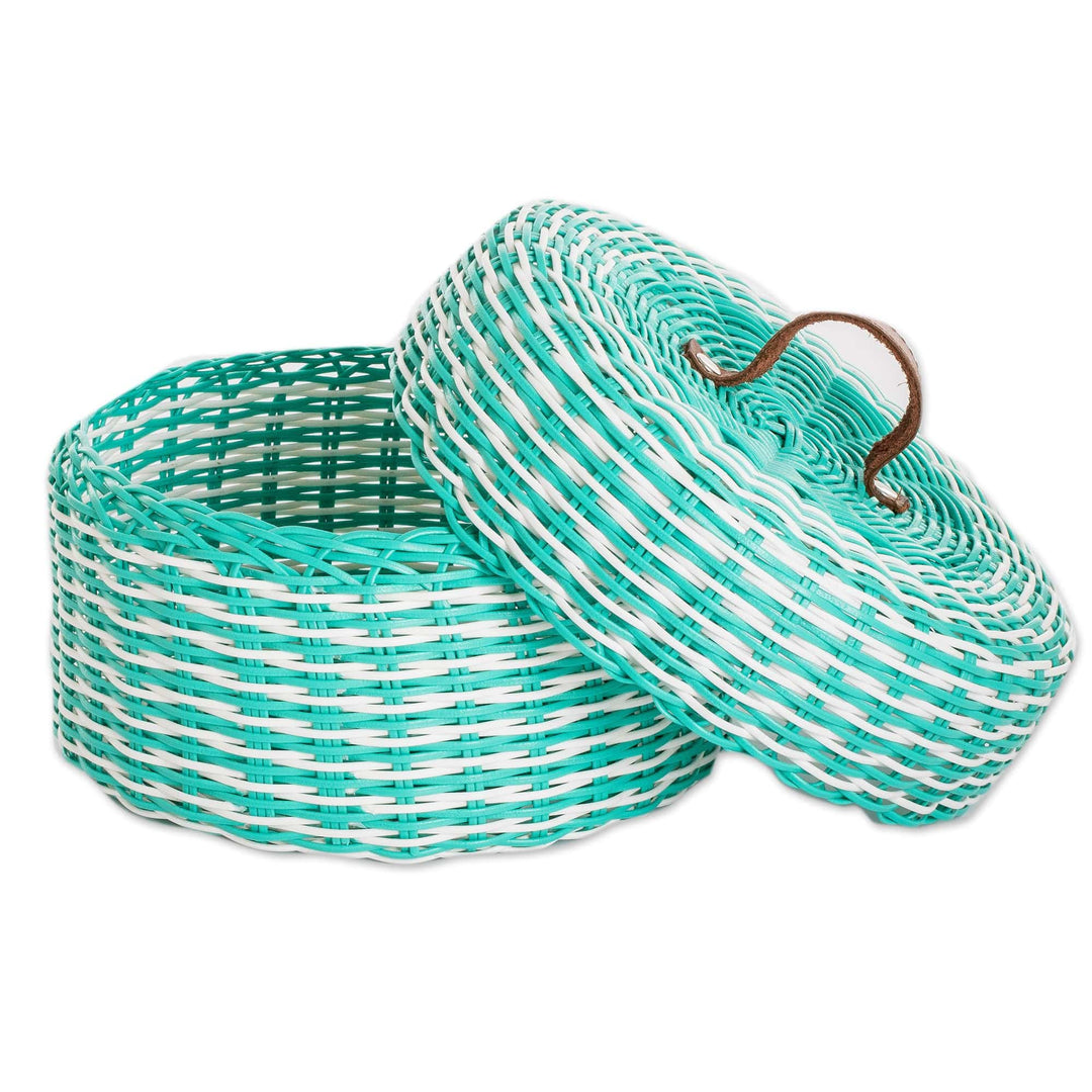 Eco-Friendly Turquoise Basket with Leather Handle - Turquoise Harmony