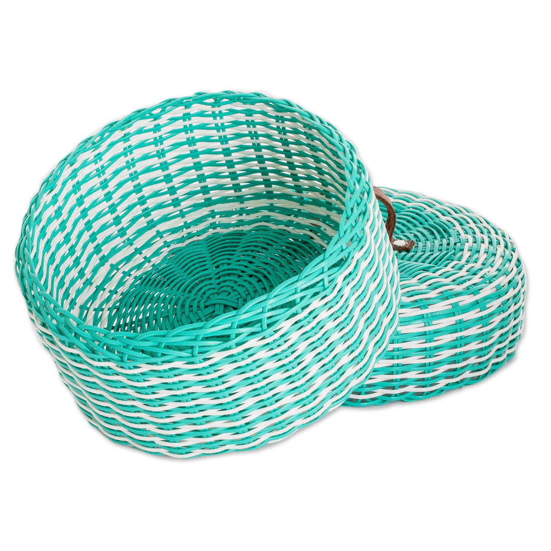 Eco-Friendly Turquoise Basket with Leather Handle - Turquoise Harmony
