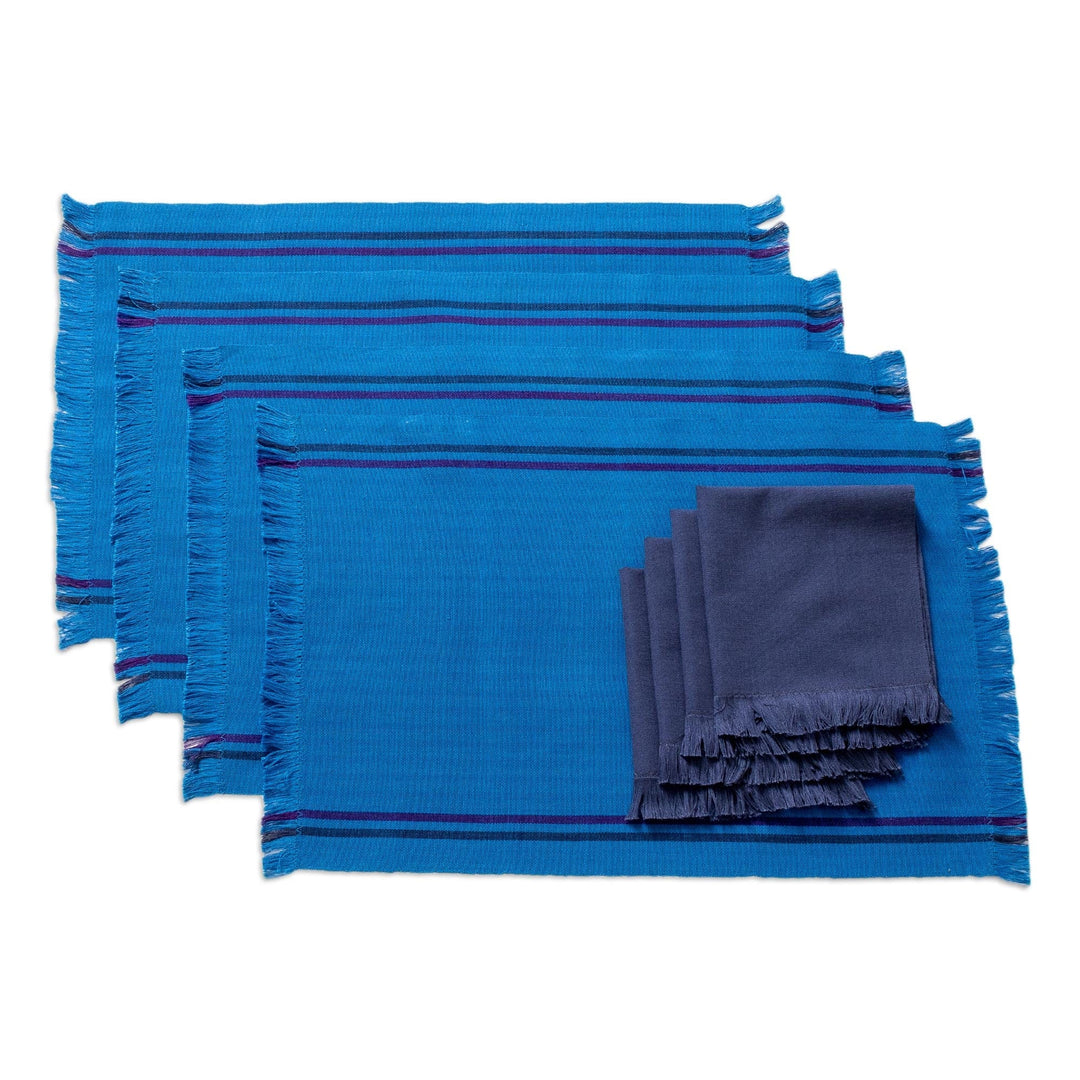Handwoven Cotton Blue Placemats with Napkins (Set of 4) - Blue Wellness