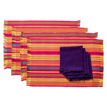 Handwoven Cotton Striped Placemats with Napkins (Set of 4) - Cerise Fair