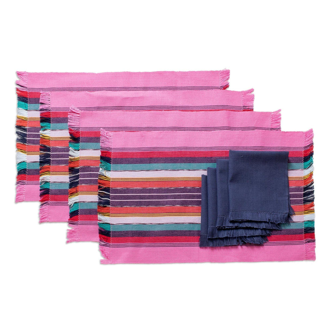 Handwoven Cotton Bubblegum Placemats with Napkins (Set of 4) - Bubblegum Paths