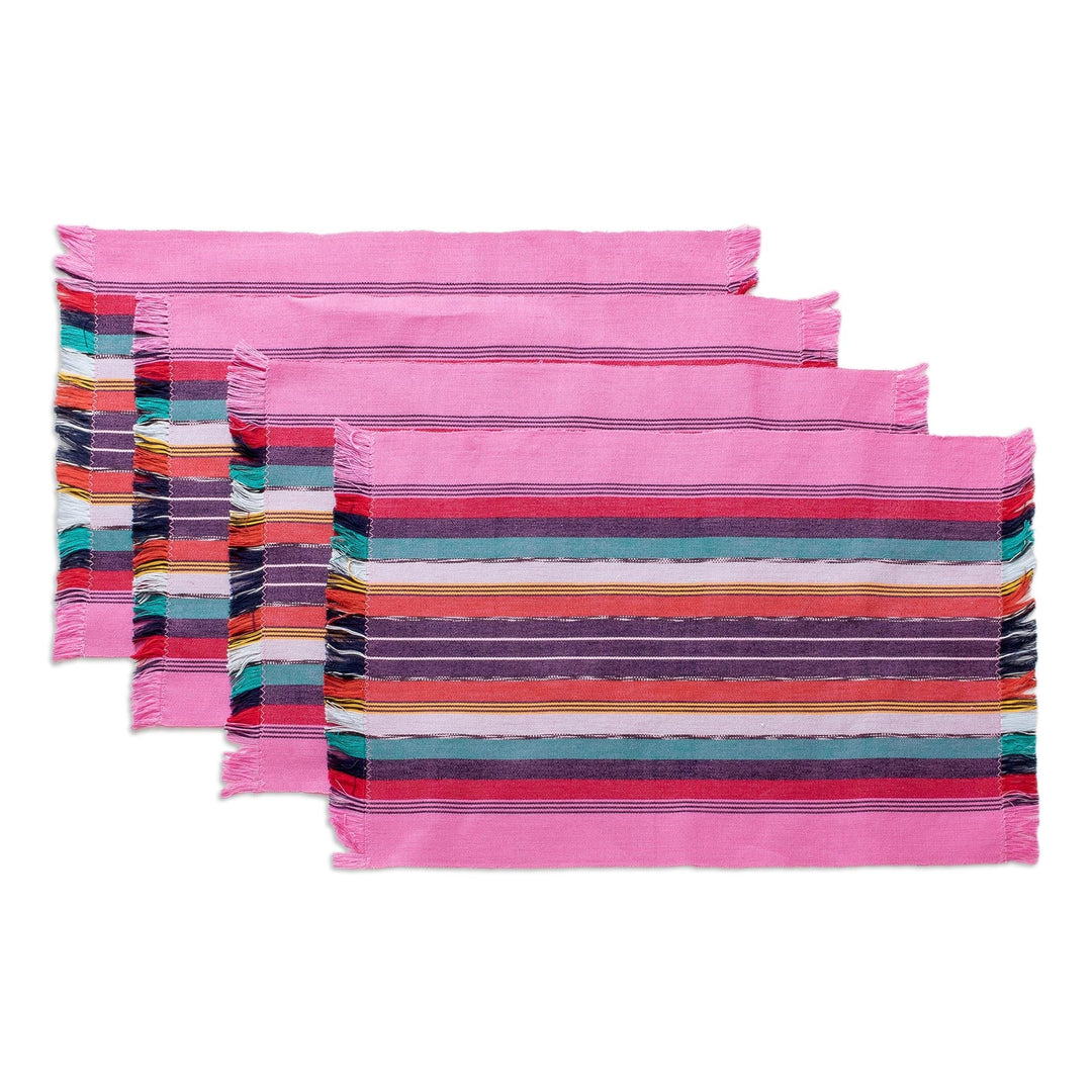 Handwoven Cotton Bubblegum Placemats with Napkins (Set of 4) - Bubblegum Paths