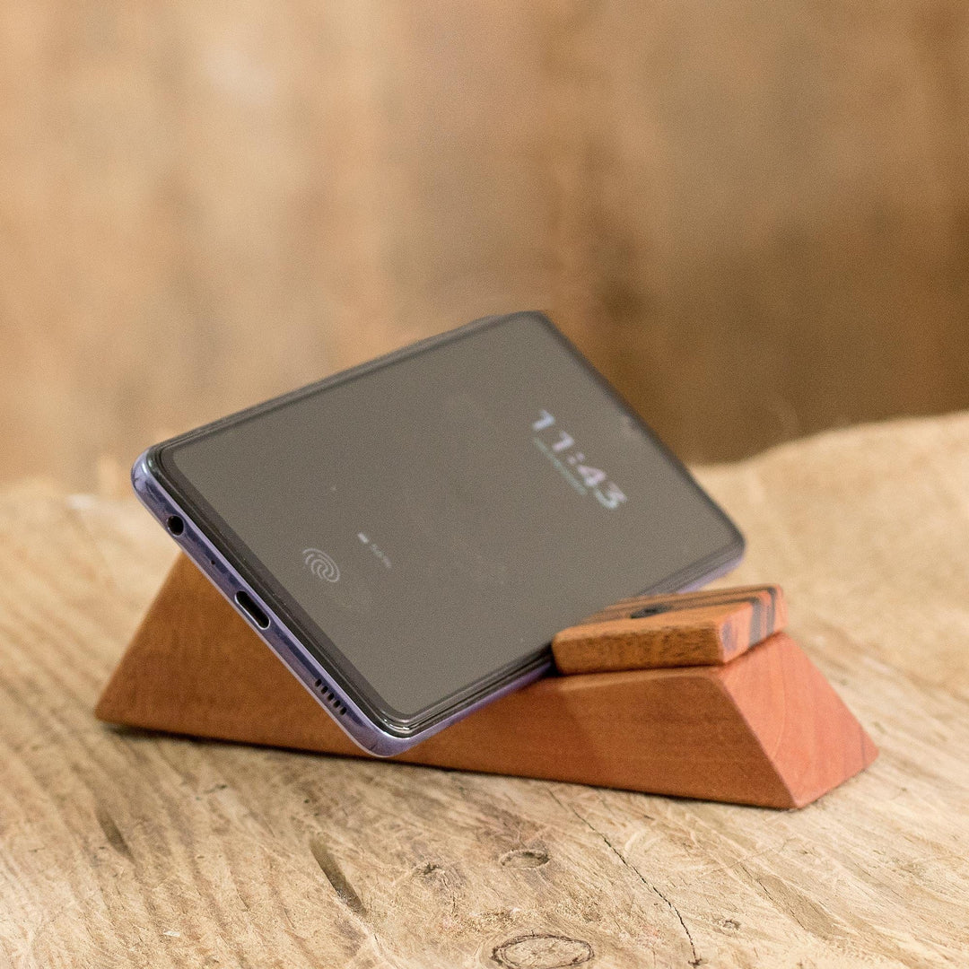 Hand-Carved Mahogany Volcano Wood Phone Stand - Futuristic Volcano
