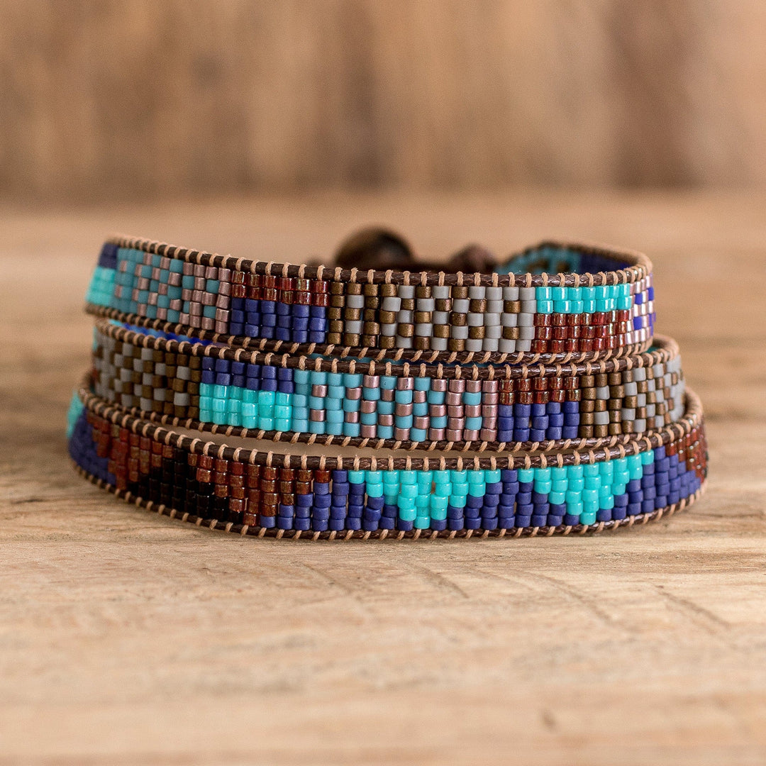Geometric Glass Beaded Wrap Bracelet in Cool Palette - Geometric Tradition