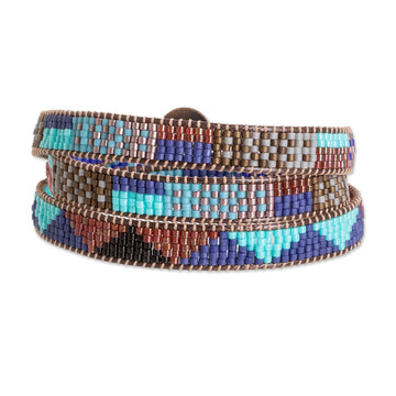 Geometric Glass Beaded Wrap Bracelet in Cool Palette - Geometric Tradition