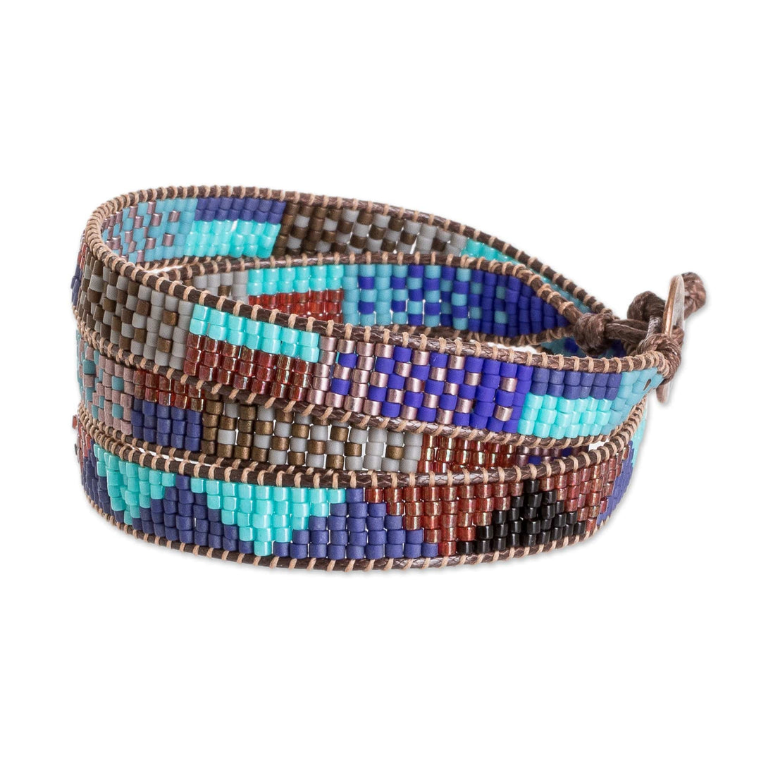 Geometric Glass Beaded Wrap Bracelet in Cool Palette - Geometric Tradition