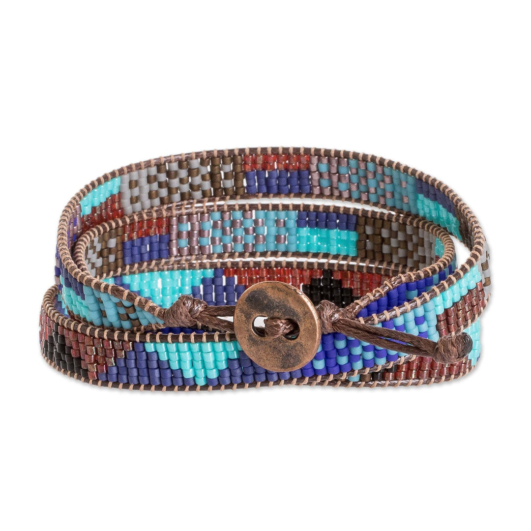 Geometric Glass Beaded Wrap Bracelet in Cool Palette - Geometric Tradition