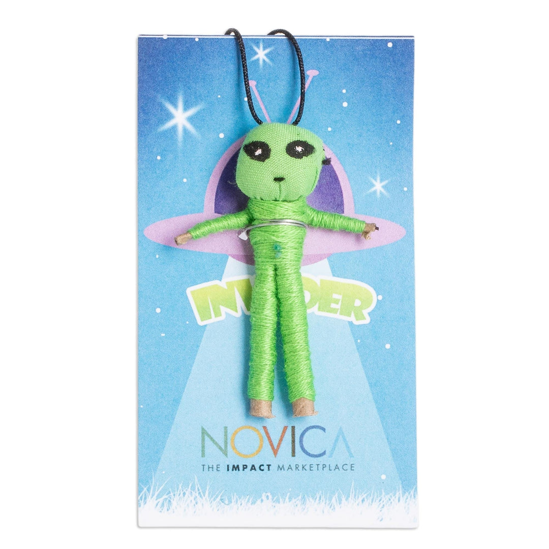Handcrafted Cotton and Cibaque Alien Worry Doll in Green - Spatial Luck