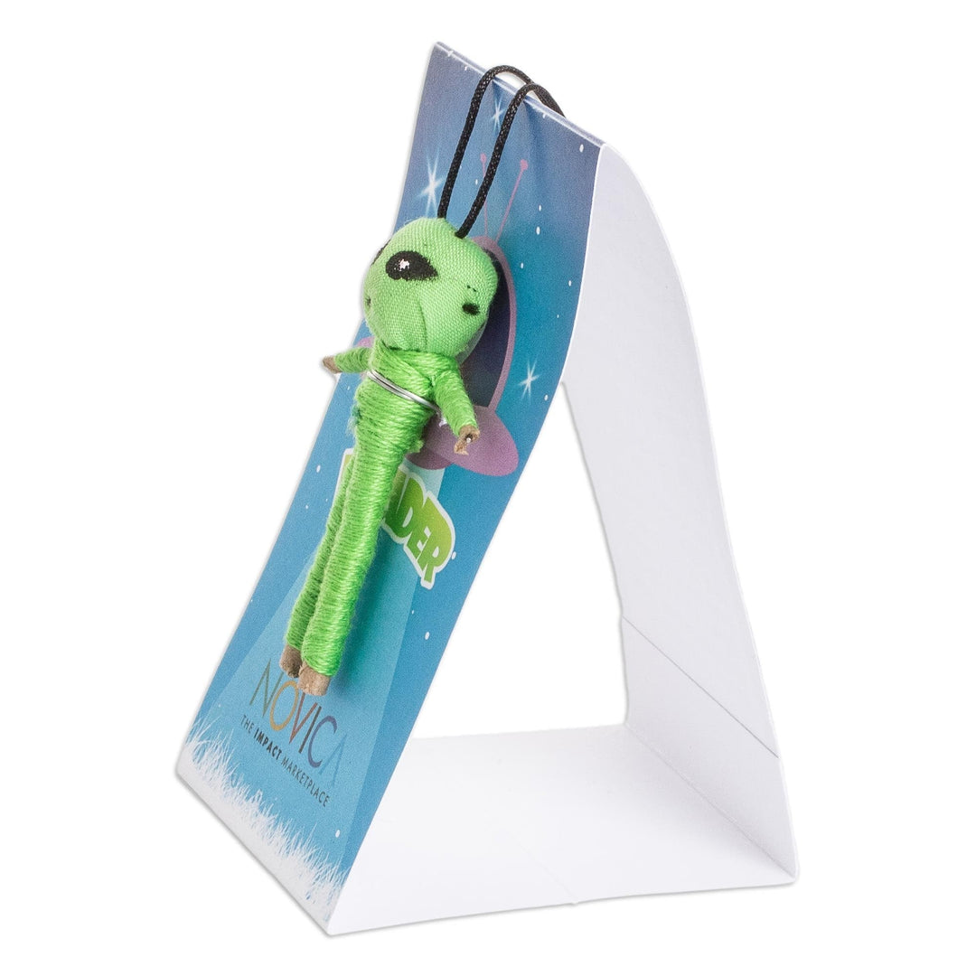 Handcrafted Cotton and Cibaque Alien Worry Doll in Green - Spatial Luck