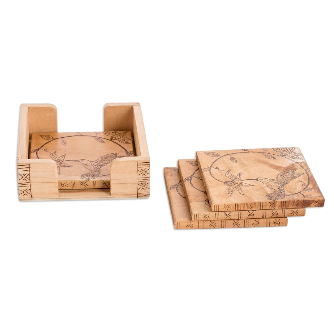 Wooden Coasters with Box - Set of 4 - Cute Hummingbird