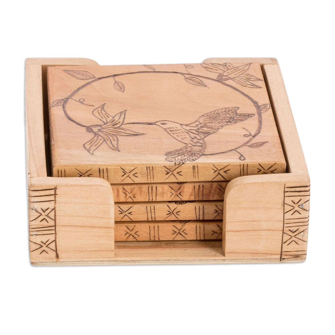 Wooden Coasters with Box - Set of 4 - Cute Hummingbird