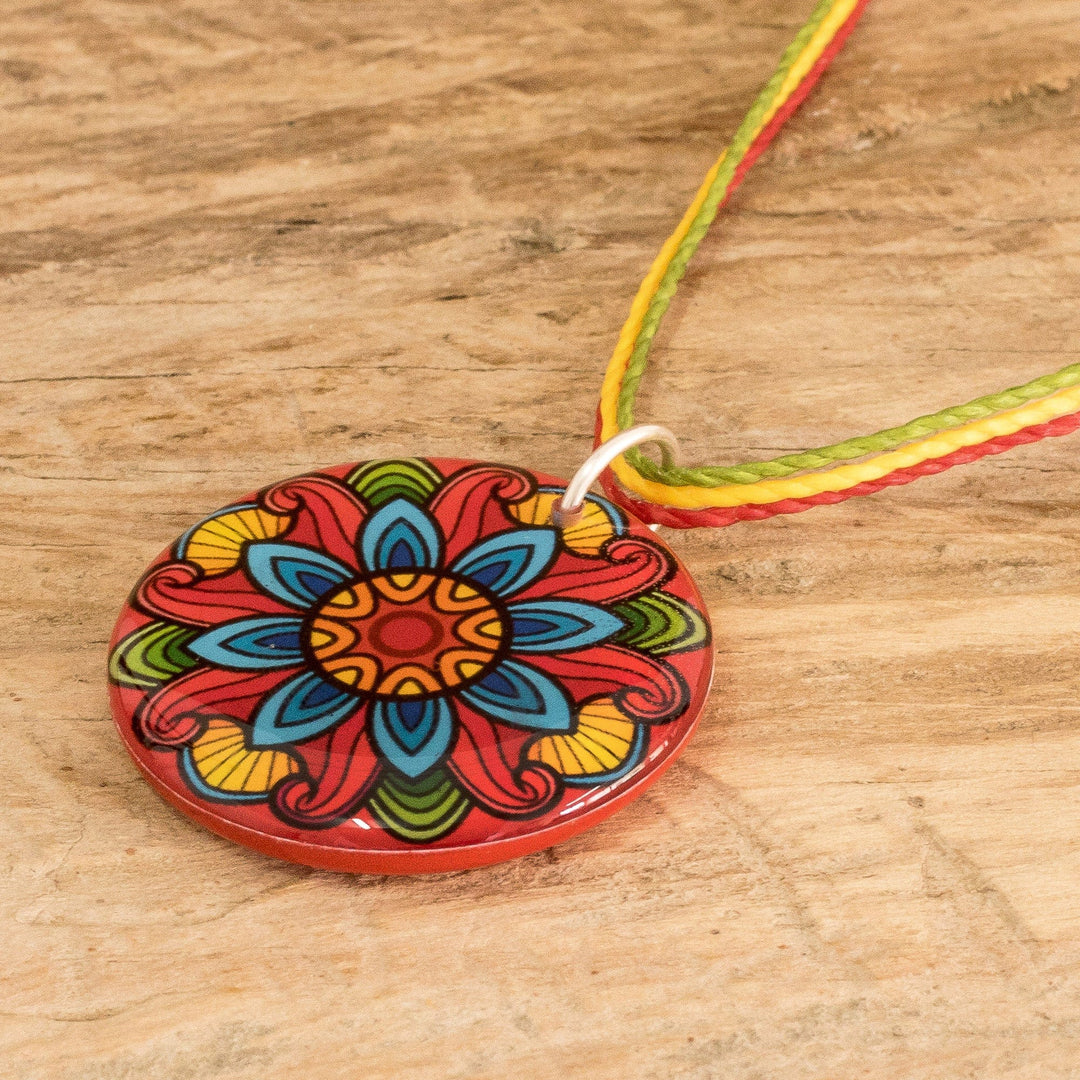 Colorful Resin Mandala Pendant Necklace with Sliding Knot - Splendid Mandala