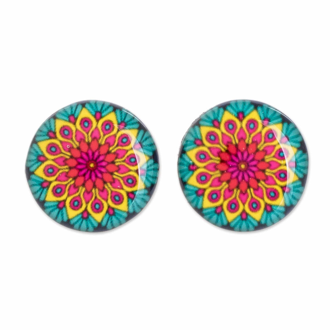 Resin and Paper Stud Earrings with Peacock Mandala Theme - Peacock Mandala