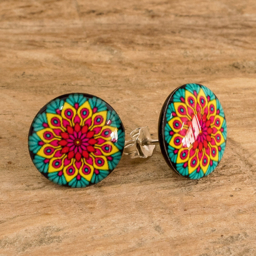 Resin and Paper Stud Earrings with Peacock Mandala Theme - Peacock Mandala
