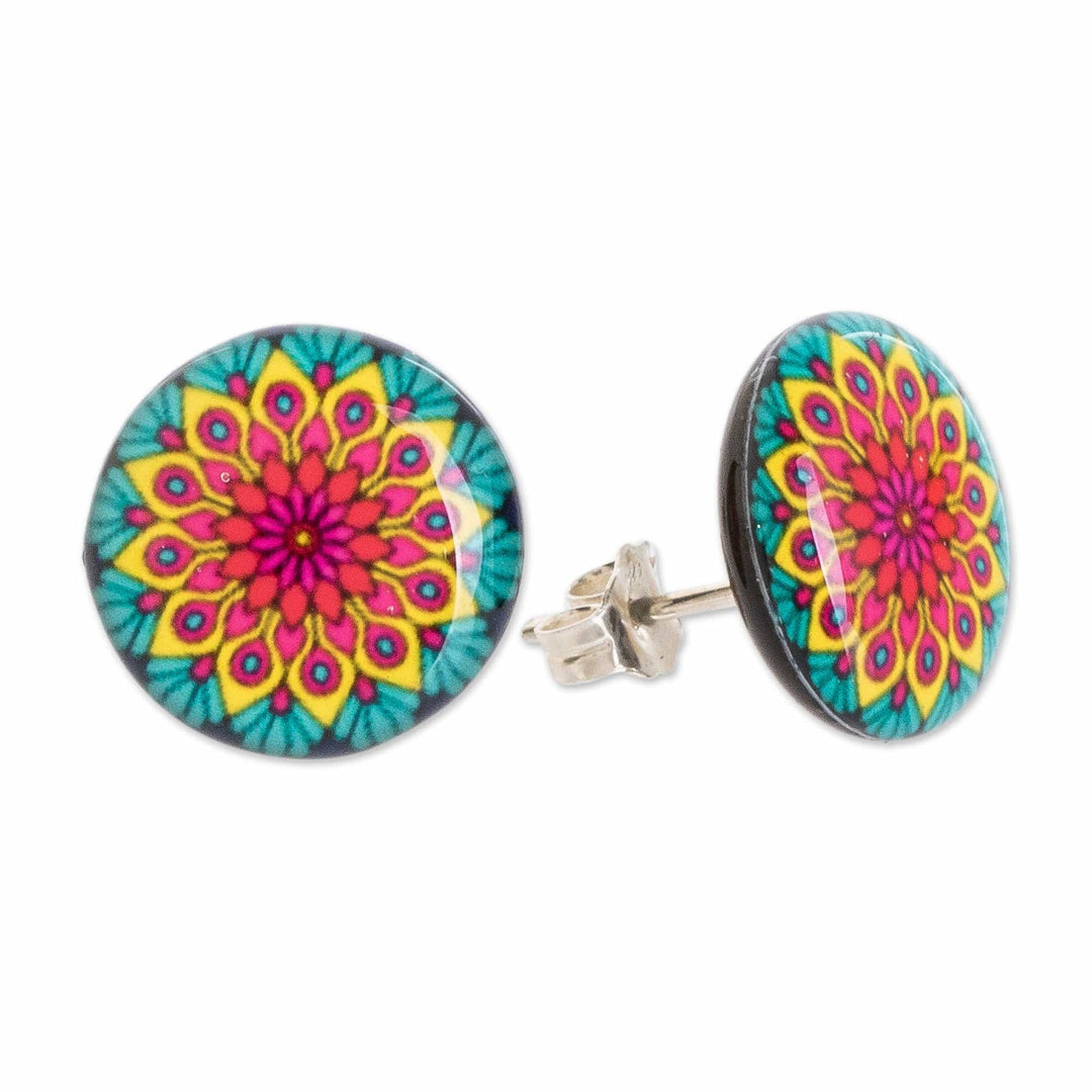 Resin and Paper Stud Earrings with Peacock Mandala Theme - Peacock Mandala