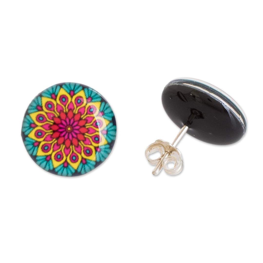Resin and Paper Stud Earrings with Peacock Mandala Theme - Peacock Mandala
