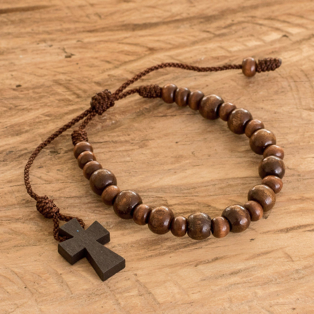 Wood Decennary Rosary Unisex Bracelet with Cross Charm - Circle of Adoration